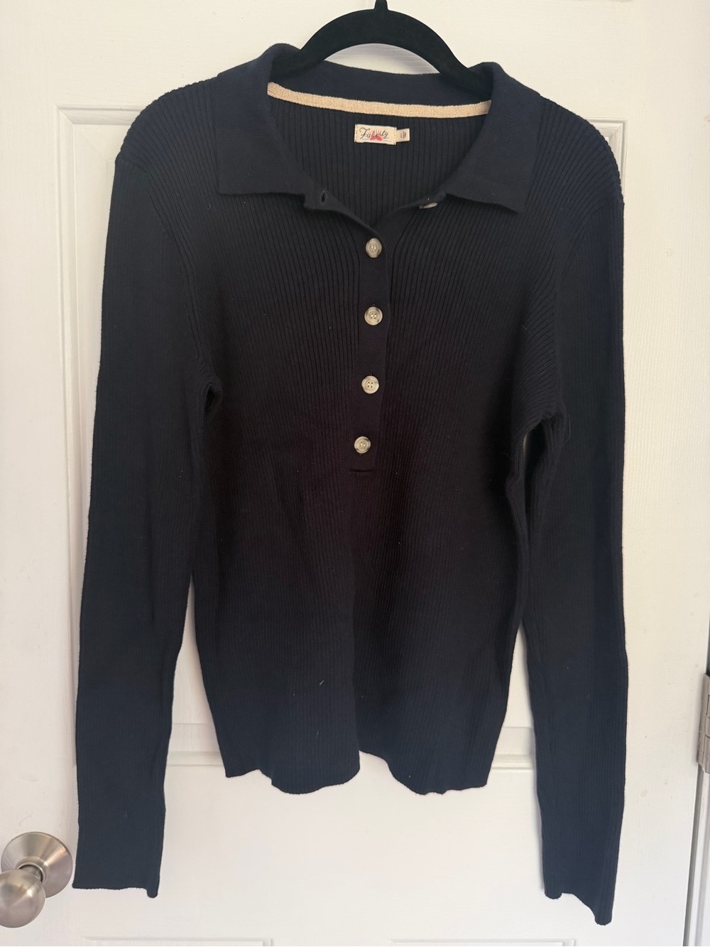 Faherty Navy Rib Knit Cotton Cashmere Collared Button Sweater Size L